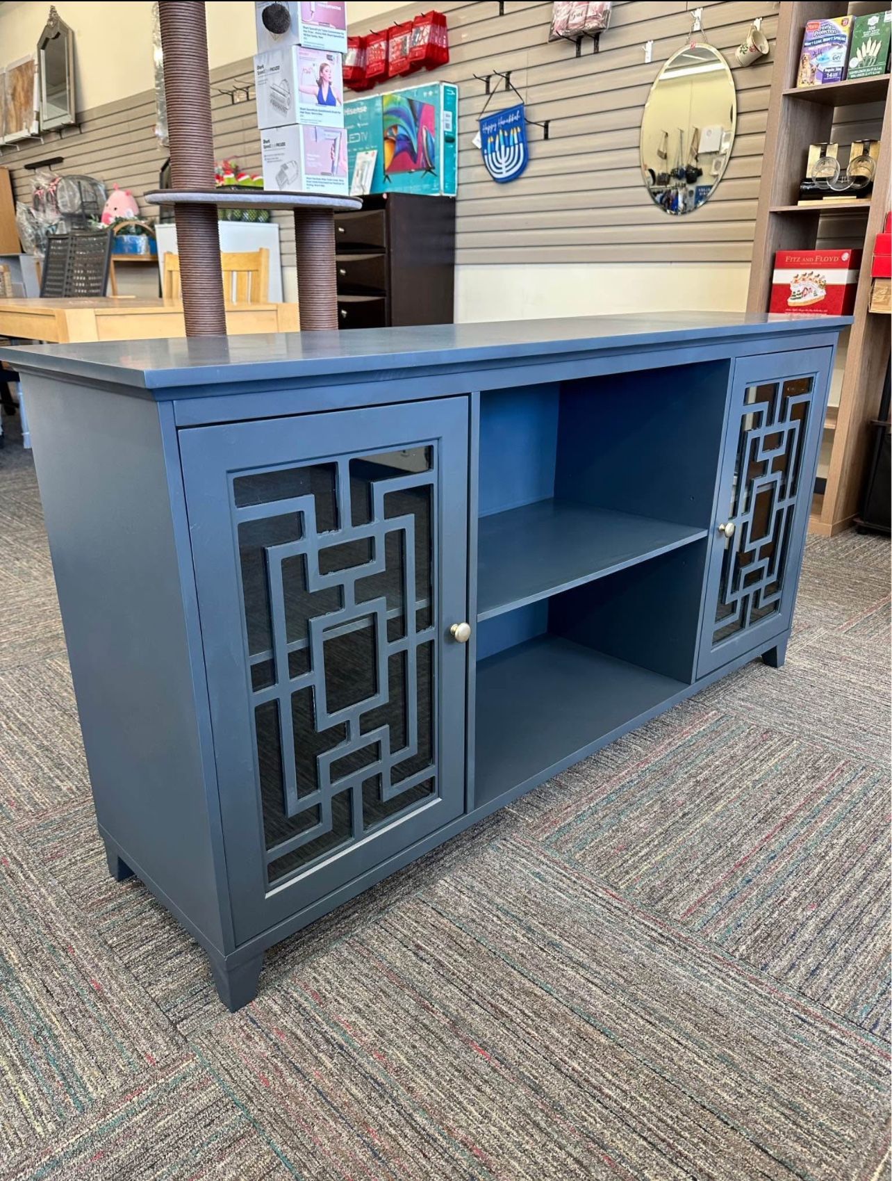 Tv Stand 60” Sideboard Buffet Table with 2 Doors, Storage Cabinet with Adjustable Shelves, Dark Navy Blue, New