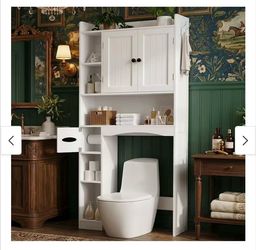 66''H Over The Toilet Storage Cabinet, Bathroom Storage Organizerwith 2 Doors, Paper Holder and Racks, Adjustable Shelf - White - Wood Finish