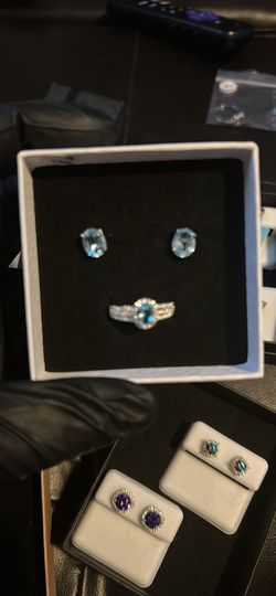 Sterling Silver And Moissanite Light Blue Oval ring, And Oval Earring Set