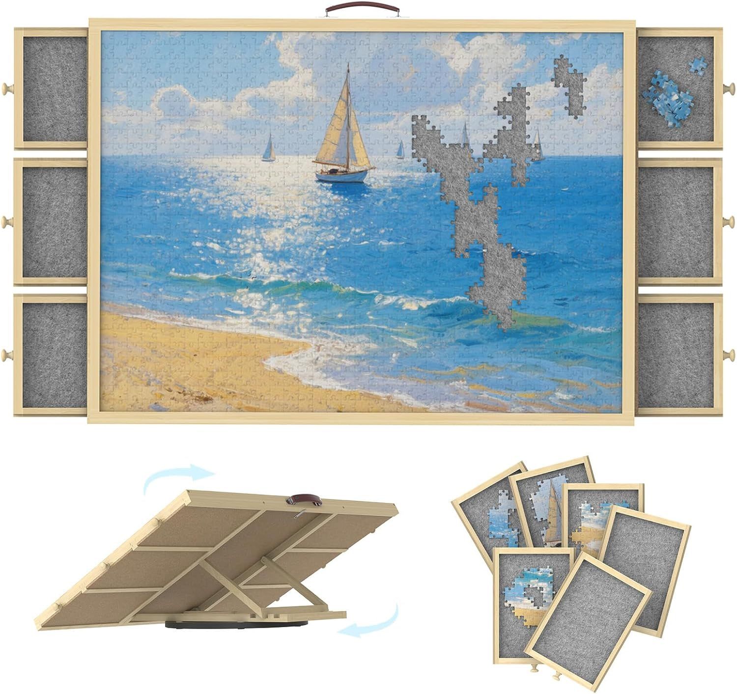 1500 Pcs Rotating Puzzle Wooden Board w/ 6 Drawers & Cover, Portable Table w/ Non-Slip Felt 35"x26"