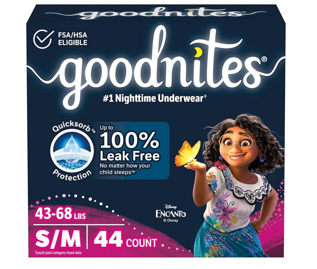 Goodnites Girls' Nighttime Bedwetting Underwear, Size S/M (43-68 lbs), 44 Ct (2 Packs of 22), Packaging May Vary