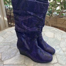 Purple Mid Calf Wedge Slouch Boots 8.5 Curations