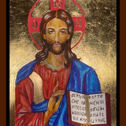 The Pantocrator Jesus Icon, Mixed Media made by me, size 8x11in, Orthodox Icon, custom Walnut wood frame.