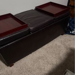3-in-1 Brown Leather Storage Ottoman Bench with Built-in Trays