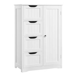 Wooden Floor Cabinet, Side Storage Organizer with 4 Drawers and 1 Cupboard, Freestanding Entryway Storage Unit Console Table, Bathroom Furniture Home 