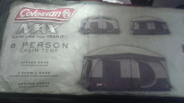 New In Box Coleman Max 8 Man Cabin Tent With Hinged Door Great