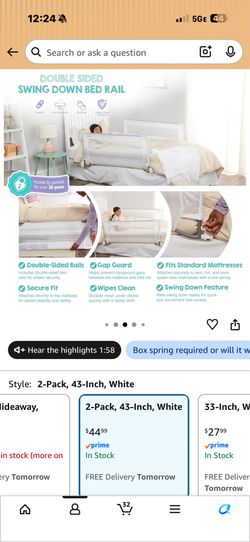 Regalo Safety Double-Sided Swing Down Bed Rail Guard (2-Pack), Toddler Bed Rail for Twin to Queen Beds, Extra Long 43”, Reinforced Anchor System, Easy