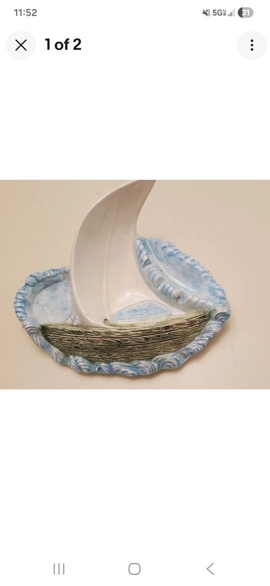 SAILBOAT CERAMIC ASHTRAY HANDPAINTED