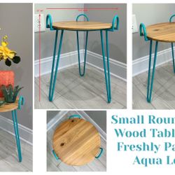 Small Round Real Wood Table with Freshly Painted Aqua Legs
