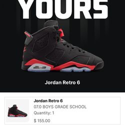 JORDAN RETRO 6  Grade School Size 7