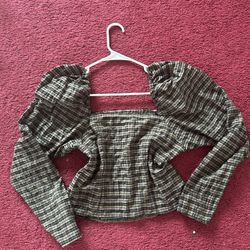 H&M plaid fitted shirt green black with waist zipper long sleeve puffed lantern sleeves size small/M
