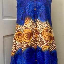 NWT Handmade Artisan African Ankara Batik Blue Gold Sleeveless Oversized Dress S