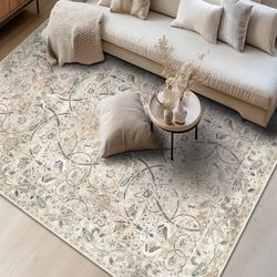 6x9 Machine Washable Nonslip Low Pile Vintage Area Rug, Beige, NEW