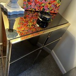 TWO Vintage 1970s Cabinet Nightstands Asymmetrical Gold Mirror Storage Credenza 