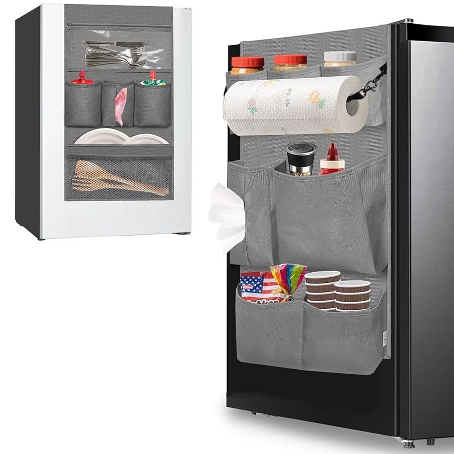 Mini Fridge Organizer, Over The Fridge Storage Organizer with 14 Pockets, College Dorm Fridge Storage for Office, Kitchen, Home, School, Gray