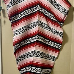 Adult Striped Mexican Blanket PONCHO Pancho Costume Festival Pullover RED/CORAL