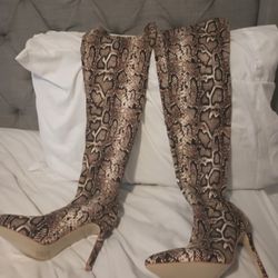 Brown Snake Print Thigh Boots