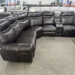 Free Delivery* Brown Faux Leather Reclining Sectional W/ Speaker