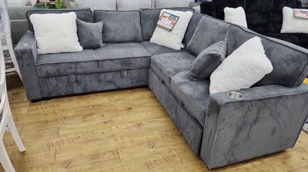 Sectional sofa with pull-out bed & storage dark gray corduroy