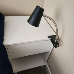 MOVE OUT SALE! EVERYTHING GOES TODAY White Nightstand with Black Clamp Lamp