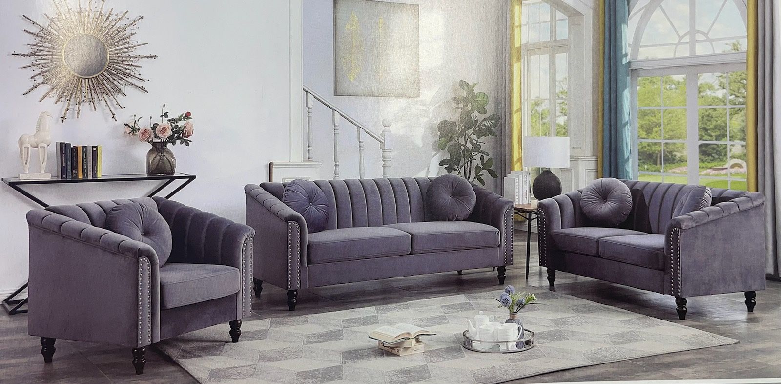 Modern Style Grey Microfiber Three Piece Couch Set
