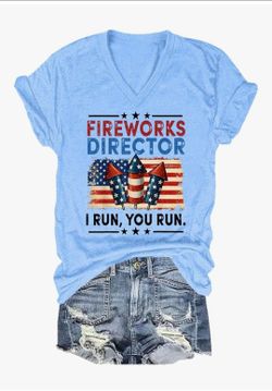 "Fireworks Director" 4th of July Novelty Graphic Tee (Light Blue, M)
