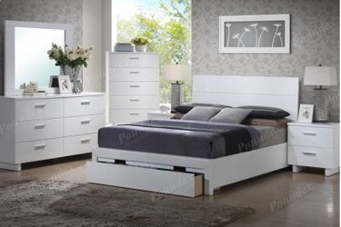 Brand new white queen storage bed frame + dresser + mirror + nightstand