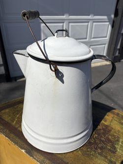 Large Vintage White Enamel Cowboy Coffee Pot or Camp Coffee Pot 15.5” High and 10.5” Round Black and White. Wear mark on one side.