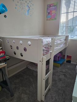 White Wood Kids Loft Bed with Ladder including mattress