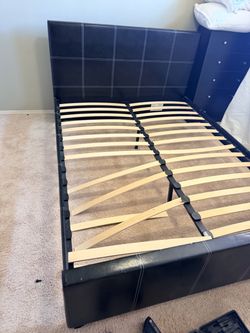 Black Faux Leather Bed Frame with Slats Queen