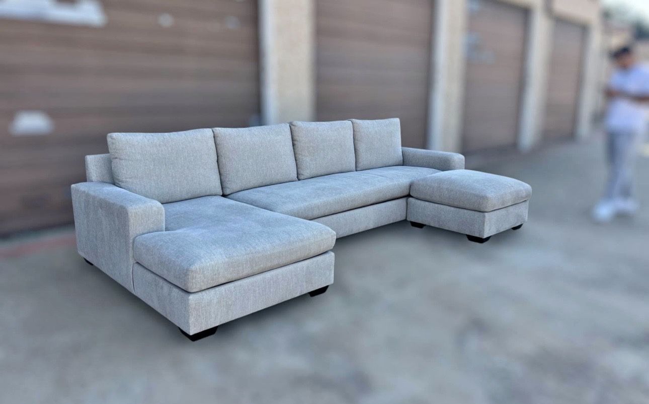 Pottery Barn Big Sur Grand Sofa with Chaise + Ottoman • Chenille Basket Weave Pebble