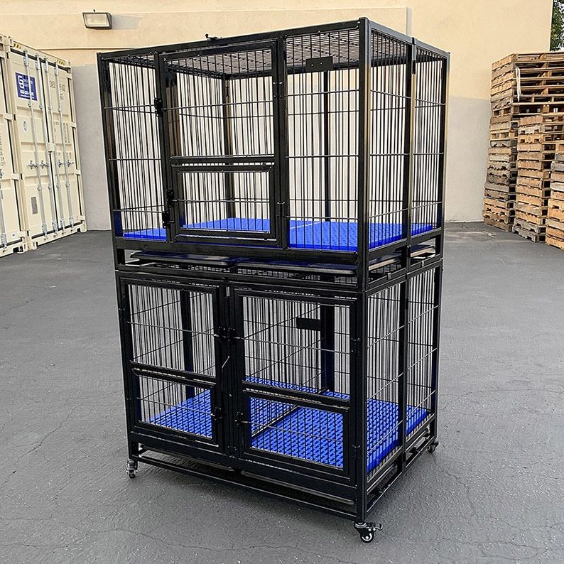 Brand New $320 Stacking Dog Cage (Set of 2) Heavy Duty 41x31x65” Crate Kennel w/ Plastic Tray, Wheels