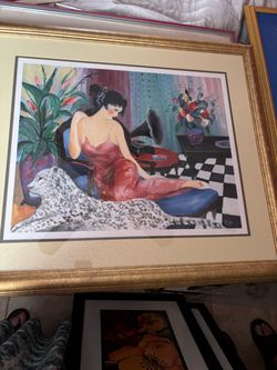Framed Art Print Woman with Gramophone