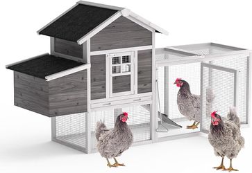 Chicken Coop for 2-4 Chickens Outdoor Wooden Hen House, Grey Predator Proof Hen House with Nesting Box, Poultry Cage w/ Wire Fence, Ramp, Tray, Roosti