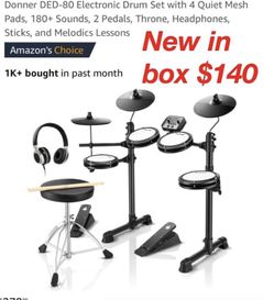 New Donner DED-80 Electronic Drum Set with 4 Quiet Mesh Pads, 180+ Sounds, 2 Pedals, Throne, Headphones, Sticks, $140 cash only east Palmdale