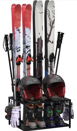 Freestanding Ski Holders for 4Pairs of Skis Ski Boot, Poles,Goggles, Helmet and More,Storage Rack for Garage, Heavy Duty Steel Floor Stand Ski Organiz