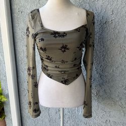 Y2K Floral Mesh Ruched Long Sleeve Top