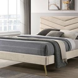 Brand New Beige Mid Century Modern Style Queen Bed Frame (Available In California & Eastern King)