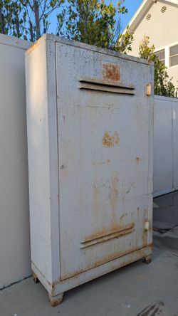 Mid-century steel cabinet garage man cave storage louvered door sturdy vintage chest industrial salvage great patina