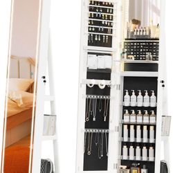 LED Mirror Jewelry Cabinet Standing, Jewelry Armoire with Full-Length Mirror and Adjustable LED Lights