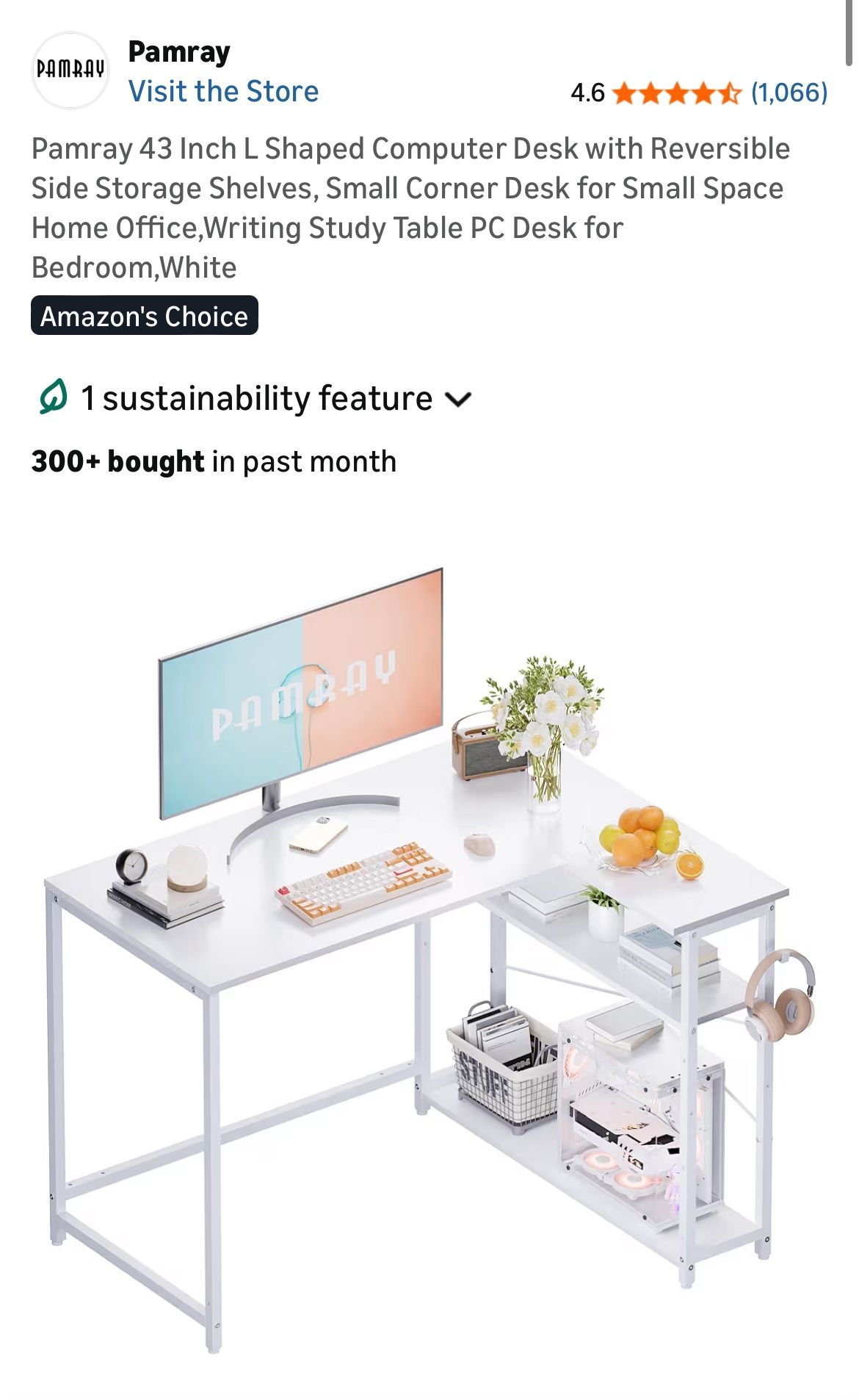 New!  43 Inch L Shaped Computer Desk with Reversible Side Storage Shelves