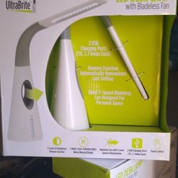 LED Gooseneck Desk Lamp With Bladeless Fan And 2 USB Chargers