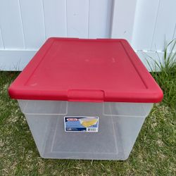 medium plastic storage box with red lid by Sterilite