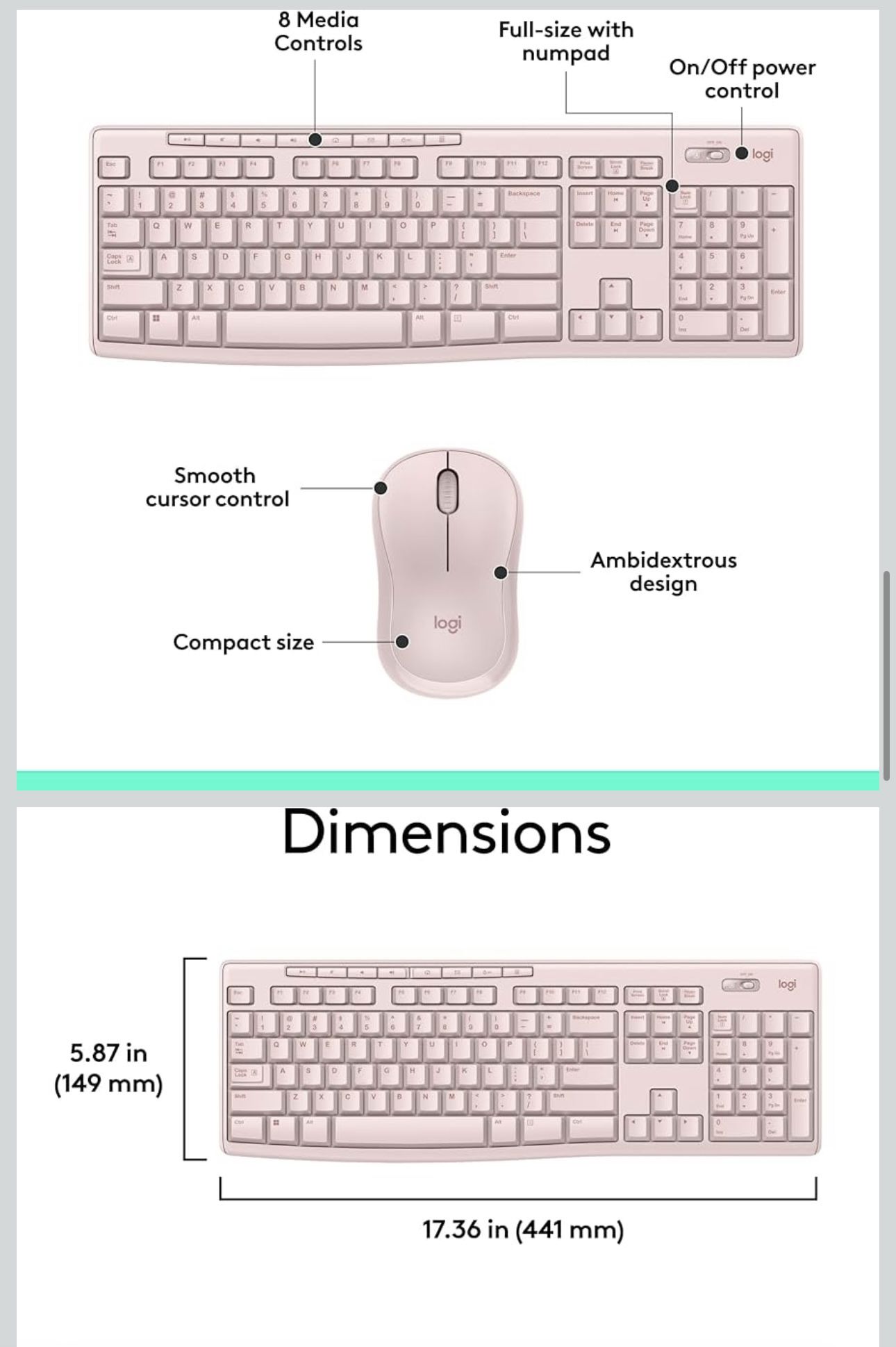 Logitech MK270 Wireless Keyboard and Mouse Combo for Windows, 2.4 GHz, 8 Multimedia Keys, PC, Laptop, Wireless Keyboard Compact Mouse Combo - Rose   T