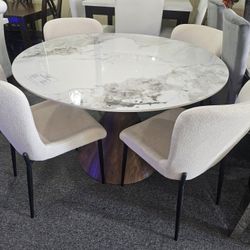 Brand New 48" Round Sintered Stone Round Dining Table + 4 Biege Linen Chairs