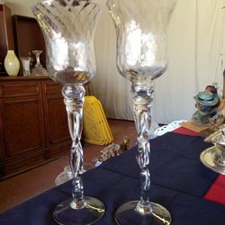 Set of 2 large tall crystal candle stick holders twisted braided stem with waffle pattern at top 16 inches tall A72V447