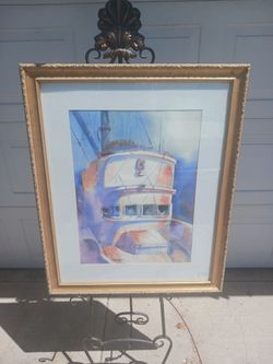 Original vintage framed San Pedro Boat 18x24 Watercolor Signed Jim Robertson