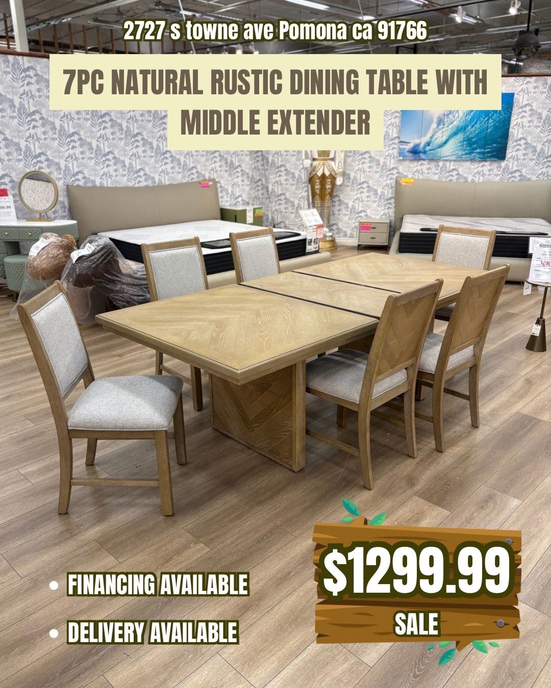 New 7pc natural rustic dining table with middle extension