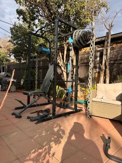OLYMPIC SQUAT RACK POWER CAGE WITH OLYMPIC WEIGHTS AND BENCH