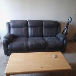 Grey Leather Double Recliner's Sofa With Fold Down Cup Holders